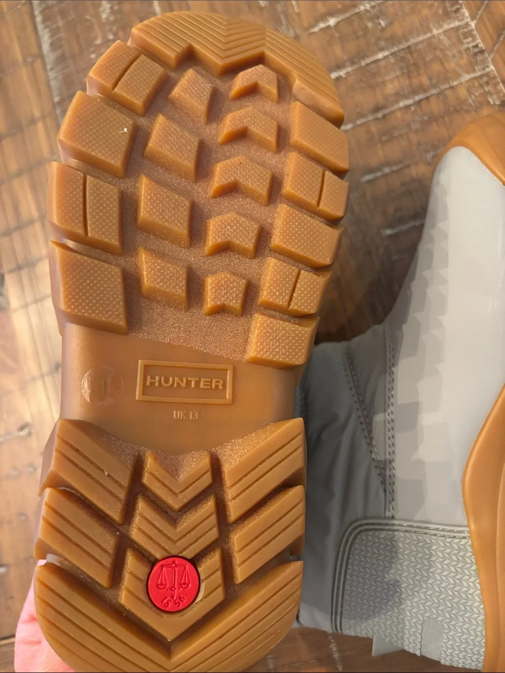 Hunter Kids Grey Winter Boots with Tan Sole and Red Logo Patch